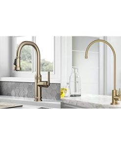 KRAUS Allyn Industrial Pull-Down Single Handle Kitchen Faucet in Spot-Free Antique Champagne Bronze & Purita 100% Lead-Free Kitchen Water Filter Faucet in Spot Free Antique Champagne Bronze