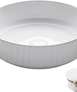 KRAUS Viva™ Round White Porcelain Ceramic Vessel Bathroom Sink with Pop-Up Drain, 15 3/4 in. D x 4 3/4 in. H, KCV-201GWH