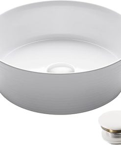 KRAUS Viva™ Round White Porcelain Ceramic Vessel Bathroom Sink with Pop-Up Drain, 15 3/4 in. D x 5 3/8 in. H, KCV-205GWH