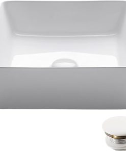 KRAUS Viva™ Square White Porcelain Ceramic Vessel Bathroom Sink with Pop-Up Drain, 15 5/8 in. L x 15 5/8 in. W x 5 1/8 in. H, KCV-202GWH