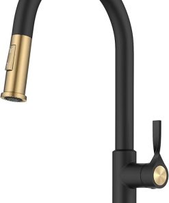 KRAUS Torak Pull Down Kitchen Faucet in Spot-Free Brushed Brass/Matte Black with 2 Function Sprayer, Pre-Attached Water Lines, and Mounting Hardware, KPF-2840SFBBMB