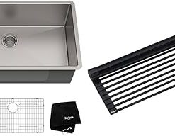 Kraus KHU100-32 Standart PRO 16 Gauge Undermount Single Bowl Stainless Steel Kitchen Sink, 32 Inch and KRAUS Multipurpose Over-Sink Roll-Up Dish Drying Rack, Colander and Trivet in Black, KRM-10BLACK
