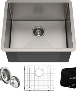 Kraus KHU101-21 Standart PRO 16 Gauge Undermount Single Bowl Set (4 Item Bundle: Sink, Bottom Grid, Drain Assembly, Kitchen Towel), 21 Inch, Stainless Steel