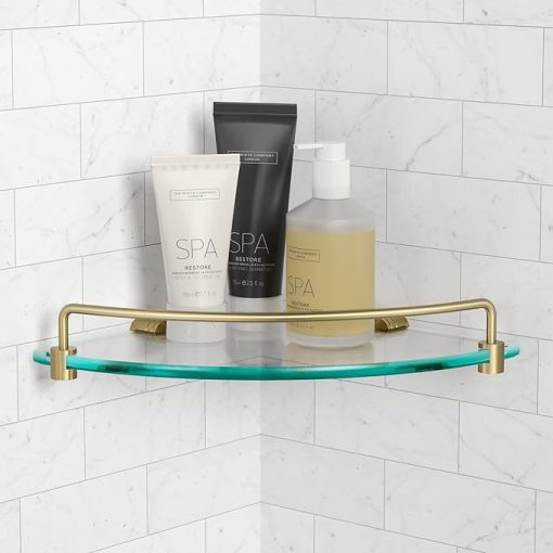 Kraus Elie Glass Bathroom Corner Shower Shelf with Rail in Brushed Gold, KEA-18846BG - Image 2