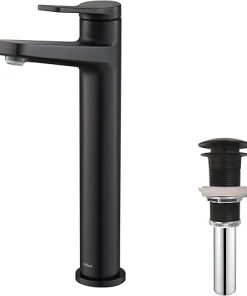 KRAUS Indy Single Handle Vessel Bathroom Faucet and Pop Up in Matte Black, KVF-1400MB-PU-10MB