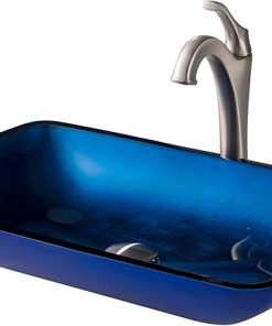 KRAUS 22-inch Rectangular Blue Glass Bathroom Vessel Sink and Spot Free Arlo Faucet Combo Set with Pop-Up Drain, Stainless Brushed Nickel C-GVR-204-RE-1200SFS