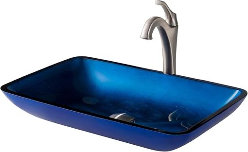 KRAUS 22-inch Rectangular Blue Glass Bathroom Vessel Sink and Spot Free Arlo Faucet Combo Set with Pop-Up Drain, Stainless Brushed Nickel C-GVR-204-RE-1200SFS
