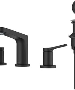KRAUS Indy Widespread Bathroom Faucet in Matte Black with 2 Handles, Pop Up Drain and Supply Lines, FUS-14103MB