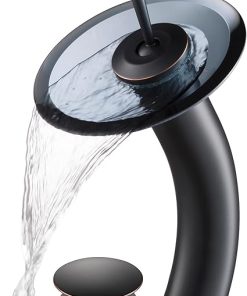 KRAUS Tall Waterfall Bathroom Faucet for Vessel Sink with Clear Black Glass Disk and Pop-Up Drain, Oil Rubbed Bronze KGW-1700-PU-10ORB-BLCL