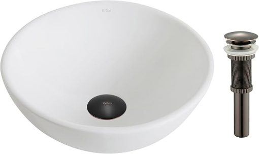 Kraus KCV-341-ORB Modern Elavo Ceramic Small Round Vessel Bathroom Sink with Pop Up Drain, Oil Rubbed Bronze/White