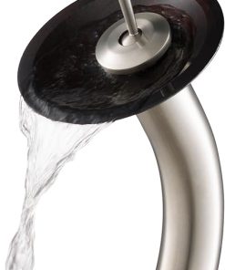 KRAUS Copper Brown Glass Bathroom Vessel Sink and Waterfall Faucet Combo Set with Matching Disk and Pop-Up Drain, Satin Nickel Finish 2