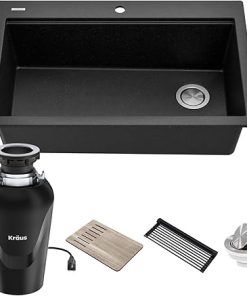 KRAUS Bellucci Workstation 33 in. Drop-In Granite Composite Single Bowl Kitchen Sink in Metallic Black with Accessories with WasteGuard™ Continuous Feed Garbage Disposal, KGTW2-33MB-100-75MB
