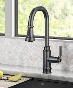 KRAUS Allyn Transitional Industrial Pull-Down Single Handle Kitchen Faucet in Spot-Free Black Stainless Steel 2