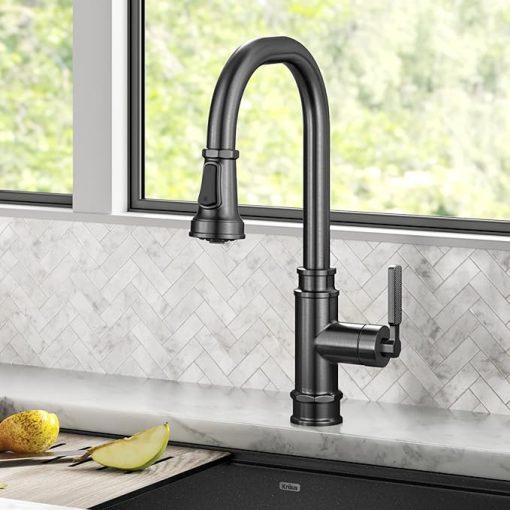 KRAUS Allyn Transitional Industrial Pull-Down Single Handle Kitchen Faucet in Spot-Free Black Stainless Steel - Image 2
