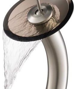 KRAUS Tall Waterfall Bathroom Faucet for Vessel Sink with Clear Brown Glass Disk, Satin Nickel KGW-1700SN-BRCL