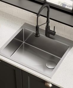 KRAUS 25 inch Standart PRO™ Drop-In Top Mount 16 Gauge Single Bowl 1-Hole Tight Radius Kitchen Sink Set (5 Items: Sink, Bottom Grid, Drain Assembly, Drain Cap, Kitchen Towel), KHT411-25, Tight Radius 2