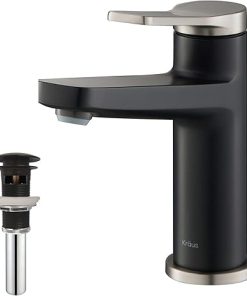 KRAUS Indy Single Handle Basin Bathroom Faucet in Spot Free Stainless Steel/Matte Black and Pop Up Drain with Overflow, KBF-1401SFSMB-PU-11MB
