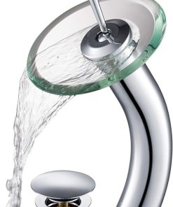 KRAUS Tall Waterfall Bathroom Faucet for Vessel Sink with Clear Glass Disk and Pop-Up Drain, Chrome KGW-1700-PU-10CH-CL