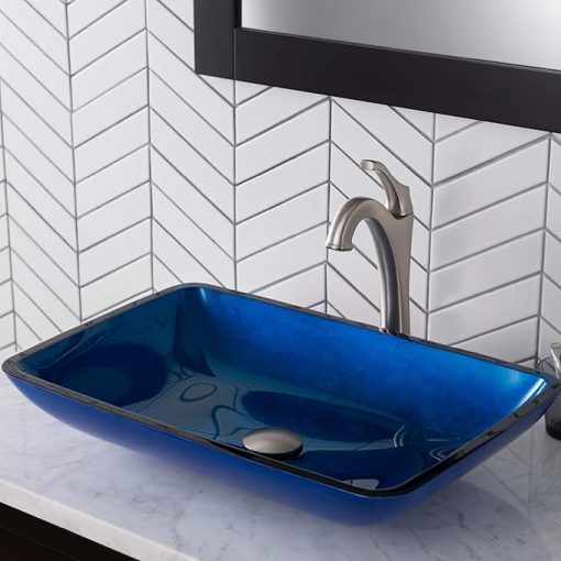 KRAUS 22-inch Rectangular Blue Glass Bathroom Vessel Sink and Spot Free Arlo Faucet Combo Set with Pop-Up Drain, Stainless Brushed Nickel C-GVR-204-RE-1200SFS - Image 2