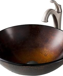 KRAUS 16 1/2-inch Copper Brown Bathroom Vessel Sink and Spot Free Arlo™ Faucet Combo Set with Pop-Up Drain, Stainless Brushed Nickel Finish
