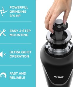 KRAUS WasteGuard 3/4 HP Ultra-Quiet Garbage Disposal with Quick Connect, Kitchen Sink Drain Cover, Power Cord and Flange Included, KWD100-75MBL 2