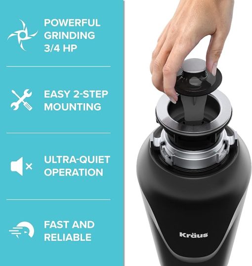 KRAUS WasteGuard 3/4 HP Ultra-Quiet Garbage Disposal with Quick Connect, Kitchen Sink Drain Cover, Power Cord and Flange Included, KWD100-75MBL - Image 2