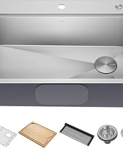 KRAUS Kore 30-Inch Drop In/Top Mount Workstation 16 Gauge Single Bowl Stainless Steel Kitchen Sink with Accessories, KWT310-30