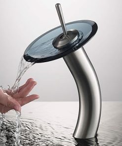 KRAUS Tall Waterfall Bathroom Faucet for Vessel Sink with Clear Black Glass Disk, Satin Nickel KGW-1700SN-BLCL 2