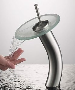 KRAUS Tall Waterfall Bathroom Faucet for Vessel Sink with Frosted Glass Disk, Satin Nickel KGW-1700SN-FR 2