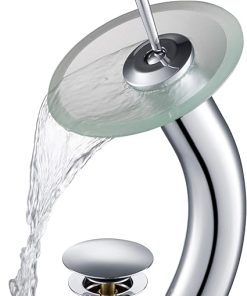 KRAUS Tall Waterfall Bathroom Faucet for Vessel Sink with Frosted Glass Disk and Pop-Up Drain, Chrome KGW-1700-PU-10CH-FR