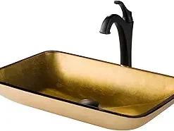 KRAUS 22-inch Rectangular Blue Glass Bathroom Vessel Sink and Arlo Faucet Combo Set with Pop-Up Drain, Oil Rubbed Bronze C-GVR-210-RE-1200ORB