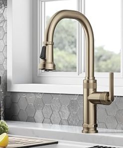KRAUS Allyn Industrial Pull-Down Single Handle Kitchen Faucet in Spot-Free Antique Champagne Bronze & Purita 100% Lead-Free Kitchen Water Filter Faucet in Spot Free Antique Champagne Bronze 2