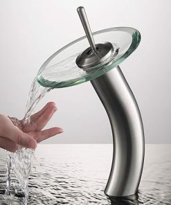 KRAUS Tall Waterfall Bathroom Faucet for Vessel Sink with Clear Glass Disk, Satin Nickel KGW-1700SN-CL 2