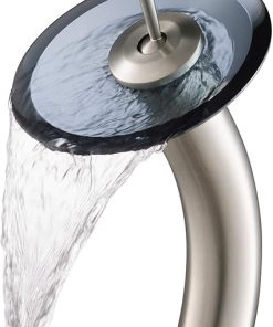 KRAUS Tall Waterfall Bathroom Faucet for Vessel Sink with Clear Black Glass Disk, Satin Nickel KGW-1700SN-BLCL