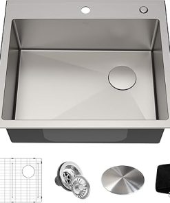 KRAUS 25 inch Standart PRO™ Drop-In Top Mount 16 Gauge Single Bowl 1-Hole Tight Radius Kitchen Sink Set (5 Items: Sink, Bottom Grid, Drain Assembly, Drain Cap, Kitchen Towel), KHT411-25, Tight Radius