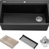 KRAUS Bellucci Workstation 33" Single Bowl Granite Kitchen Sink in Metallic Black w/Accessories, KGTW2-33MBL, Includes Dish Drainer/Dish Drying Rack