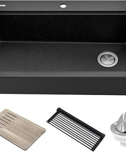 KRAUS Bellucci Workstation 33" Single Bowl Granite Kitchen Sink in Metallic Black w/Accessories, KGTW2-33MBL, Includes Dish Drainer/Dish Drying Rack