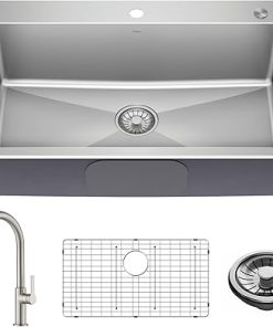 KRAUS Standart PRO 33” Drop-In/Undermount 18-Gauge Stainless Steel Single Bowl Kitchen Sink and Pull-Down Faucet in Spot-Free Stainless Steel Finish