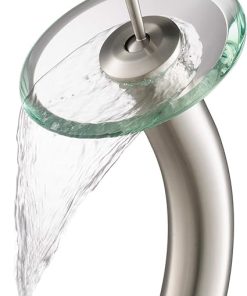 KRAUS Tall Waterfall Bathroom Faucet for Vessel Sink with Clear Glass Disk, Satin Nickel KGW-1700SN-CL