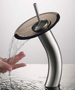 KRAUS Tall Waterfall Bathroom Faucet for Vessel Sink with Clear Brown Glass Disk, Satin Nickel KGW-1700SN-BRCL 2