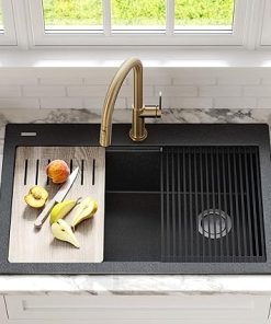 KRAUS Bellucci Workstation 33″ Single Bowl Granite Kitchen Sink in Metallic Black w/Accessories, KGTW2-33MBL, Includes Dish Drainer/Dish Drying Rack 2
