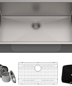 Kraus KHU100-32 Standart PRO 16 Gauge Undermount Single Bowl Stainless Steel Kitchen Sink, 32 Inch and KRAUS Multipurpose Over-Sink Roll-Up Dish Drying Rack, Colander and Trivet in Black, KRM-10BLACK 2