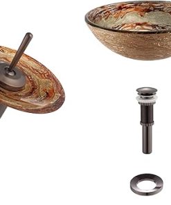 Ares Glass Vessel Sink and Waterfall Faucet Oil Rubbed Bronze