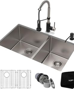 KRAUS 33-inch 16 Gauge Double Bowl 60/40 Standart PRO Kitchen Sink Combo Set with Bolden 18-inch Kitchen Faucet and Soap Dispenser, Stainless Steel Matte Black KHU103-33-1610-53SSMB