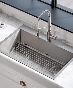 KRAUS 33 Inch Standart PRO™ Drop-In Top Mount 16 Gauge Single Bowl 1-Hole Tight Radius Kitchen Sink Set (5 Item Bundle: Sink, Bottom Grid, Drain Assembly, Drain Cap, Kitchen Towel), KHT410-33 2